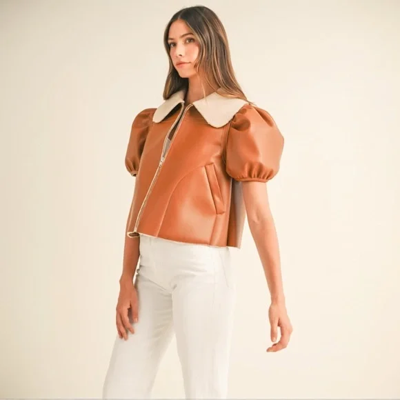 Shearling Lined Camel Puff Sleeve Cropped Leather Jacket with Peter Pan Collar - Picture 6 of 10